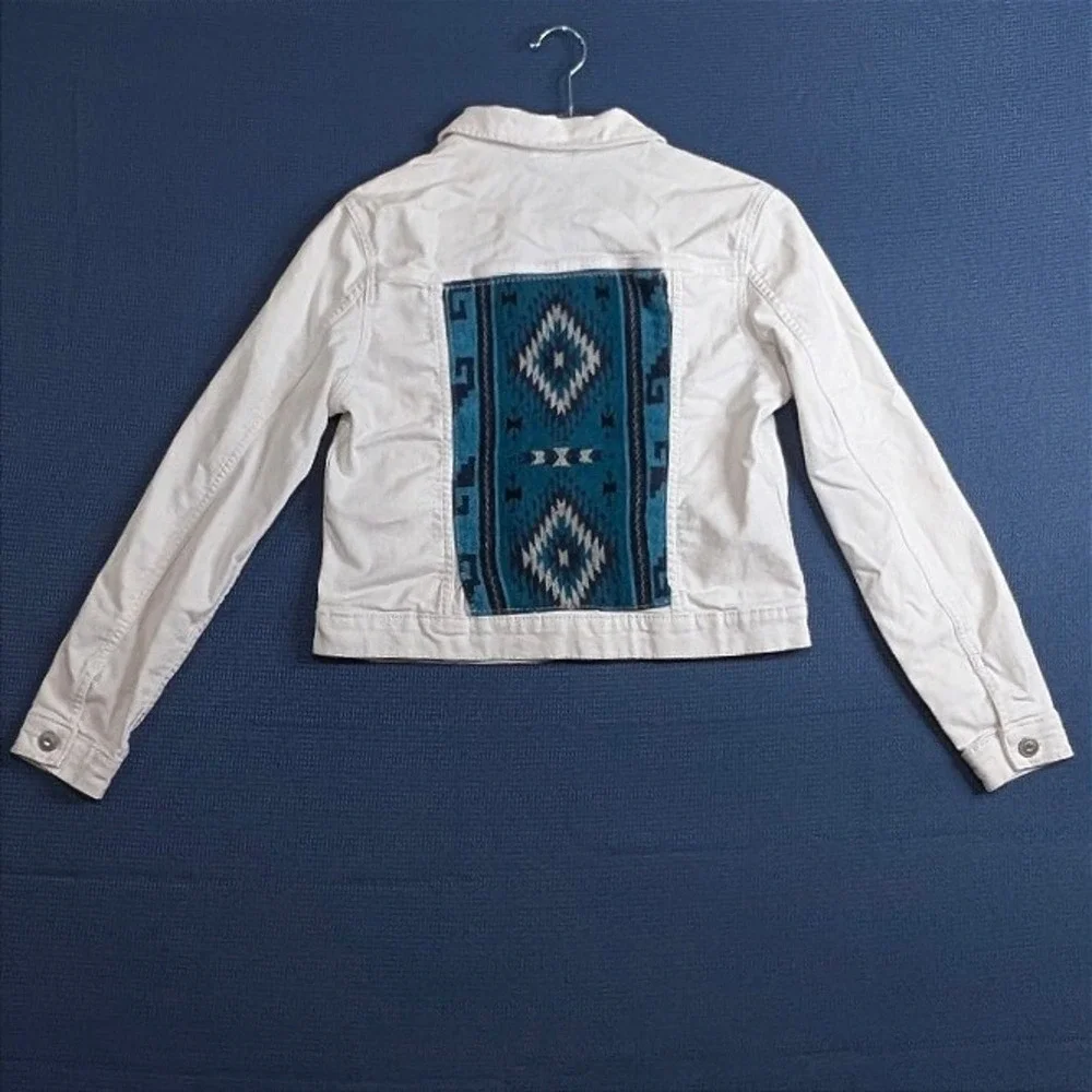 Wonder Nation Girls White Denim Jacket Southwestern Woven Panels XL 14-16 Boho